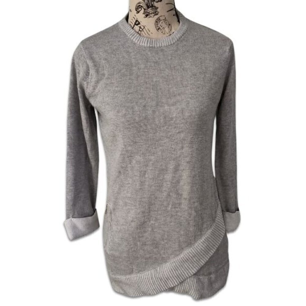 Tahari Asymmetrical Hem Roll Cuff Knit Sweater Cotton Two Tone Grey S - Picture 2 of 9